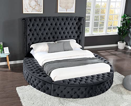 Upholstered Platform Bed with Bluetooth Speaker and Storage Box, Queen Size Platform Bed Frame with Tufted Headboard and Nail Head and Wood Slat Support Mattress Foundation, 500Lbs Capacity, Black