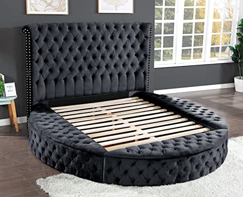 Upholstered Platform Bed with Bluetooth Speaker and Storage Box, Queen Size Platform Bed Frame with Tufted Headboard and Nail Head and Wood Slat Support Mattress Foundation, 500Lbs Capacity, Black