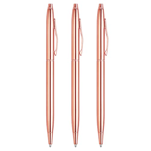 LONGKEY 3 Pack Slim Gold Ballpoint Pens Black Ink 1 mm, Great Gift for Business Office Students Teachers Wedding Christmas (Rose Gold)