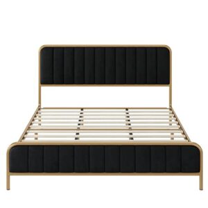 HITHOS King Size Bed Frame, Upholstered Bed Frame with Button Tufted Headboard, Heavy Duty Metal Mattress Foundation with Wooden Slats, Easy Assembly, No Box Spring Needed (Golden/Black, King)