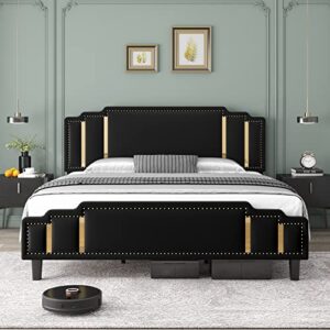 hifit queen size modern velvet upholstered bed frame with adjustable headboard, studded with golden iron slice & rivets, platform bed frame with no noise, no box spring needed, easy assembly, black