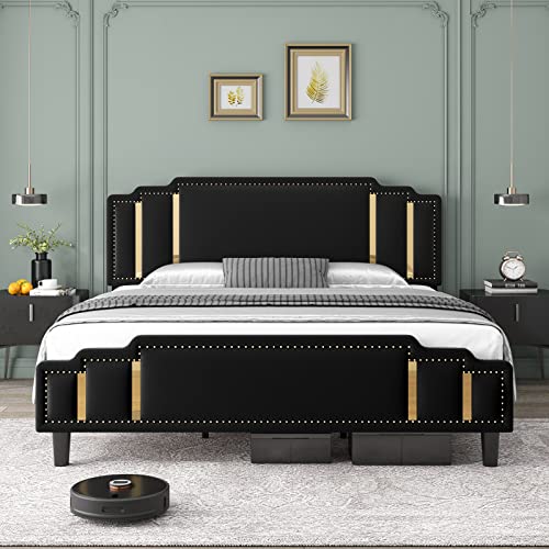 HIFIT Queen Size Modern Velvet Upholstered Bed Frame with Adjustable Headboard, Studded with Golden Iron Slice & Rivets, Platform Bed Frame with No Noise, No Box Spring Needed, Easy Assembly, Black