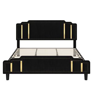 HIFIT Queen Size Modern Velvet Upholstered Bed Frame with Adjustable Headboard, Studded with Golden Iron Slice & Rivets, Platform Bed Frame with No Noise, No Box Spring Needed, Easy Assembly, Black