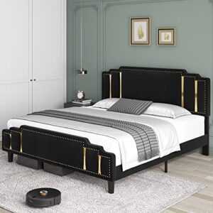 HIFIT Queen Size Modern Velvet Upholstered Bed Frame with Adjustable Headboard, Studded with Golden Iron Slice & Rivets, Platform Bed Frame with No Noise, No Box Spring Needed, Easy Assembly, Black