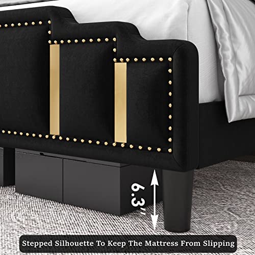 HIFIT Queen Size Modern Velvet Upholstered Bed Frame with Adjustable Headboard, Studded with Golden Iron Slice & Rivets, Platform Bed Frame with No Noise, No Box Spring Needed, Easy Assembly, Black