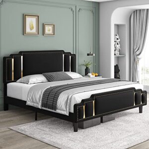 HIFIT Queen Size Modern Velvet Upholstered Bed Frame with Adjustable Headboard, Studded with Golden Iron Slice & Rivets, Platform Bed Frame with No Noise, No Box Spring Needed, Easy Assembly, Black