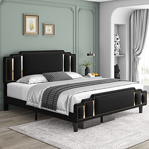 HIFIT Queen Size Modern Velvet Upholstered Bed Frame with Adjustable Headboard, Studded with Golden Iron Slice & Rivets, Platform Bed Frame with No Noise, No Box Spring Needed, Easy Assembly, Black