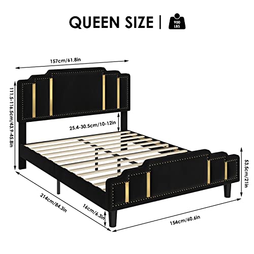 HIFIT Queen Size Modern Velvet Upholstered Bed Frame with Adjustable Headboard, Studded with Golden Iron Slice & Rivets, Platform Bed Frame with No Noise, No Box Spring Needed, Easy Assembly, Black