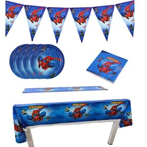 toptamp 42pcs spider theme party table cover table cloth super hero 20 plates 20 napkins banners birthday decoration supplies kit