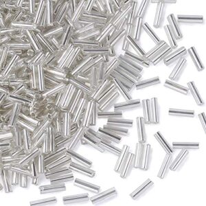 pandahall 1250pcs/50g silver lined glass bugle beads 6x1.8mm clear tube loose glass seed spacer beads for jewelry making (floralwhite)
