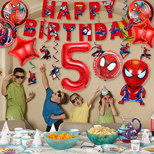 Superhero Spider Foil Balloons Birthday Decorations Red Balloons 32 Inch and Red Spider Banner for Boy Kids Spider Themed Birthday Party Decoration (5)