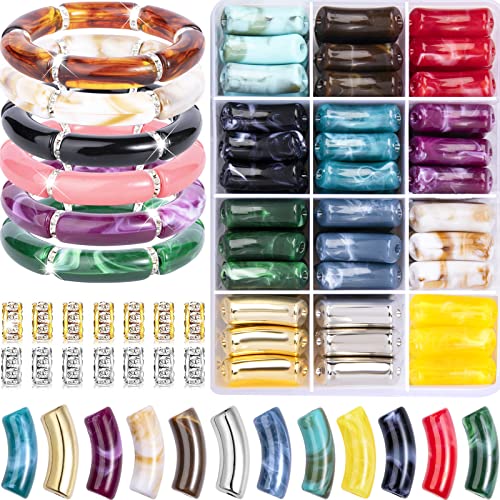 72 Pcs Acrylic Chunky Tube Beads for Bracelets Making 12 Colors Curved Bamboo Tube Beads Chunky Noodle Beads and Elastic Strings for DIY Jewelry Making