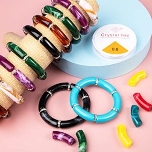 72 Pcs Acrylic Chunky Tube Beads for Bracelets Making 12 Colors Curved Bamboo Tube Beads Chunky Noodle Beads and Elastic Strings for DIY Jewelry Making