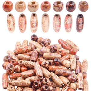 100 Pieces Round Printed Pattern Wooden Beads Oval Shape Wood Loose Spacer Beads for DIY Jewelry Making Hair Crafts, 2 Sizes