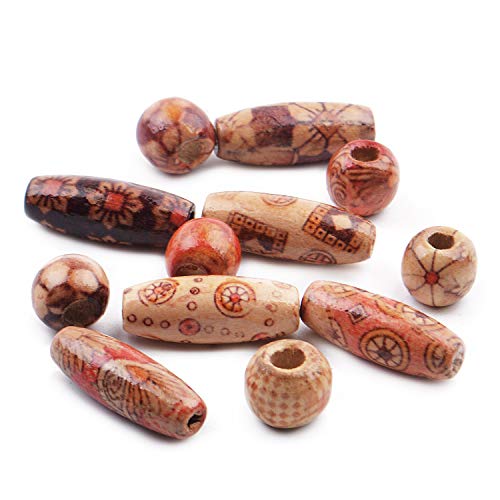 100 Pieces Round Printed Pattern Wooden Beads Oval Shape Wood Loose Spacer Beads for DIY Jewelry Making Hair Crafts, 2 Sizes