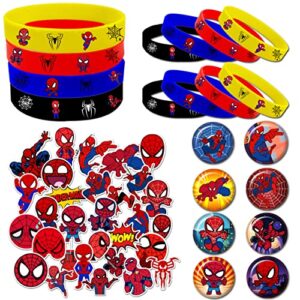 spidey birthday party supplies,80pcs spider party favors,include 8pcs button pins,60pcs stickers and 12pcs barcelets for kids