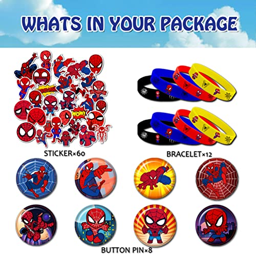 Spidey Birthday Party Supplies,80Pcs Spider Party Favors,Include 8pcs Button Pins,60pcs Stickers and 12pcs Barcelets for Kids