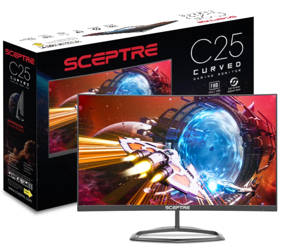 Sceptre Curved 24.5-inch Gaming Monitor up to 240Hz 1080p R1500 1ms DisplayPort x2 HDMI x2 Blue Light Shift Build-in Speakers, Machine Black 2023 (C255B-FWT240)