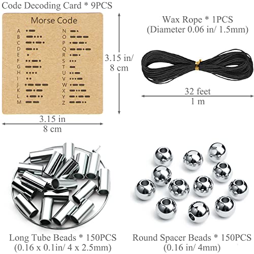 Ourtroness Morse Code Bracelet Making Kit, Includes Stainless Steel Round Spacer Beads, Long Tube Beads, Morse Code Decoding Card and Waxed Cord for DIY Jewelry Making(4mm)