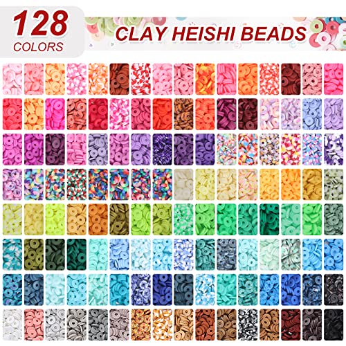 QUEFE 16860pcs, 128 Colors Clay Beads for Bracelet Making Kit Flat Round Polymer Clay Heishi Spacer Beads for DIY Crafts Necklace Jewelry Making Gifts