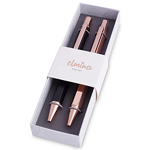 Rose Gold Black Luxury Ballpoint Pen Gift Set for Women - Black Ink Smooth Writing Pens - Nice Refillable Bullet Pen Set for Journaling and Note Taking