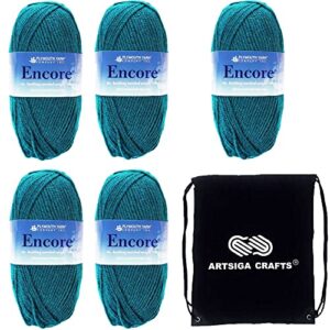 plymouth yarn for knitting encore worsted teal topaz 0157, 5-skeins (same dyelot, total: 500 gr, 1000 yds), medium weight #4, 75% acrylic/25% wool blend, bundle with artsiga crafts project bag