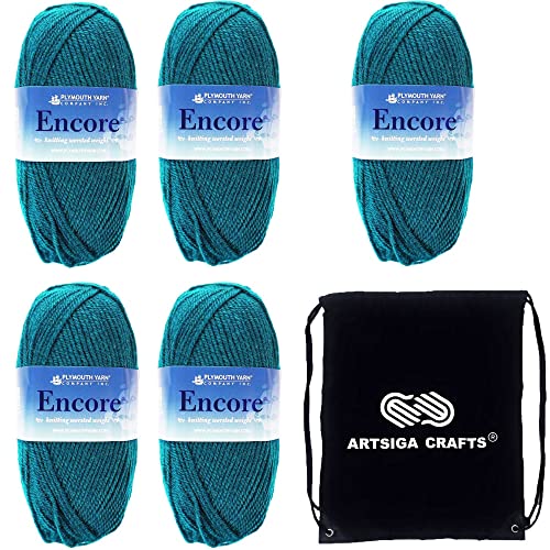 Plymouth Yarn for Knitting Encore Worsted Teal Topaz 0157, 5-Skeins (Same Dyelot, Total: 500 gr, 1000 yds), Medium Weight #4, 75% Acrylic/25% Wool Blend, Bundle with Artsiga Crafts Project Bag