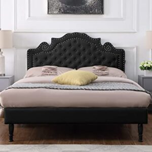 Full Upholstered Platform Bed Frame with 47" Tall Adjustable Headboard - Button Tufted Linen Bed - Wood Slat Support with Storage Space - No Box Spring Needed - Black - Oliver & Smith - Elizabeth