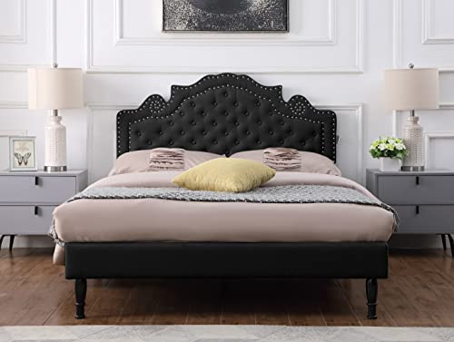 Full Upholstered Platform Bed Frame with 47" Tall Adjustable Headboard - Button Tufted Linen Bed - Wood Slat Support with Storage Space - No Box Spring Needed - Black - Oliver & Smith - Elizabeth