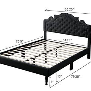 Full Upholstered Platform Bed Frame with 47" Tall Adjustable Headboard - Button Tufted Linen Bed - Wood Slat Support with Storage Space - No Box Spring Needed - Black - Oliver & Smith - Elizabeth