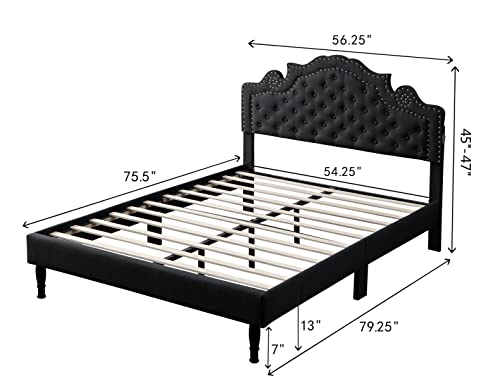 Full Upholstered Platform Bed Frame with 47" Tall Adjustable Headboard - Button Tufted Linen Bed - Wood Slat Support with Storage Space - No Box Spring Needed - Black - Oliver & Smith - Elizabeth