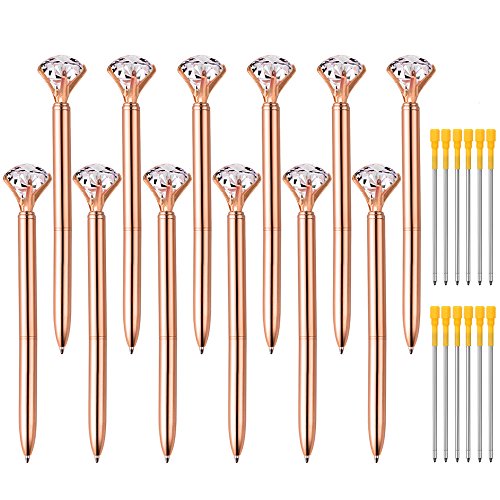 Zealor 12 Pieces Big Diamond Crystal Ballpoint Pens and 12 Pieces Ballpoint Pen Refills, Black Ink (Rose Gold)