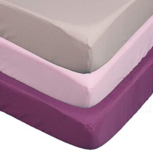 belsden 3 pack soft waterproof crib sheets, wipeable machine washable crib and toddler mattress pad cover, fitted microfiber baby girl sheets set, 28’’x 52’', pink & purple & apricot