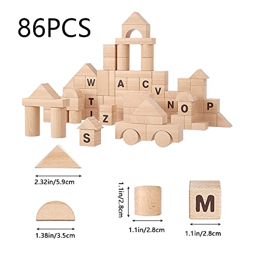 HOTTuoHong 86 Pcs Kids WBuilding Blocks Set Preschool Learning Educational Toys Wooden Stacking Blocks Educational Montessori Standard Unit Wooden Blocks for Ages 3-8 Boys & Girls