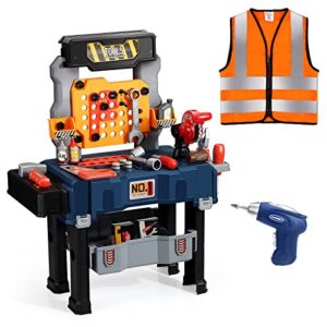 deejoy kids tool bench toy with realistic tools and electric drill, transformable kids tool set, toddler tool bench pretend play learning gift for boys & girls age 3-5 (with work clothes)