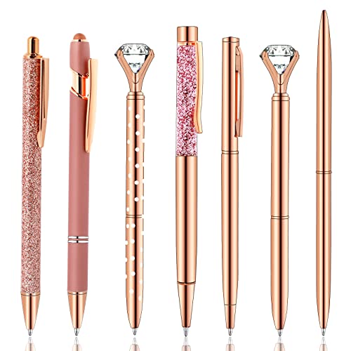 Vin Beauty 7 Pcs Rose Gold Ballpoint Pen Set Metal Crystal Diamond Pen Liquid Sand Glitter Ballpoint Pens Black Ink Retractable Pen Gifts for Wedding Office School Desk Supplies