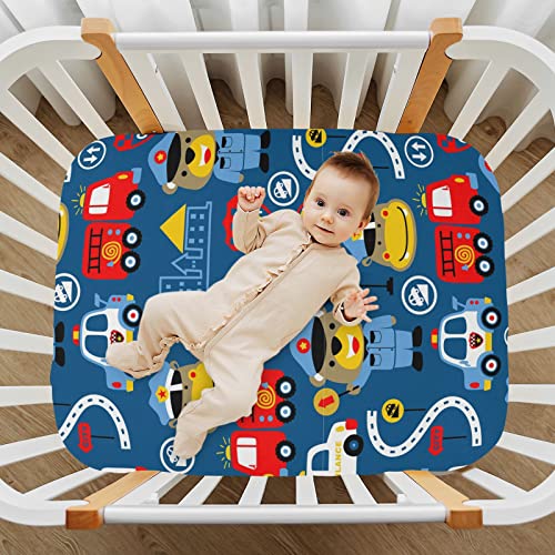 Cartoon Car Crib Sheets for Boys Girls Pack and Play Sheets Breathable Mini Crib Sheets Fitted Crib Sheet for Standard Crib and Toddler Mattresses Baby Crib Sheets for Girls Boys, 52x28IN