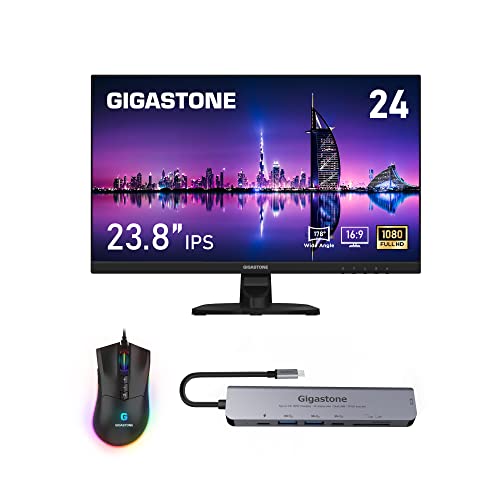 Gigastone Monitor, Mouse and HUB Deluxe Bundle, 24 inch IPS Gaming LED Monitor 75Hz FHD 1920 x 1080, 12000 DPI Gaming Mouse and Multiport Adapter 7-in-1 USB C Docking Station with 4K HDMI