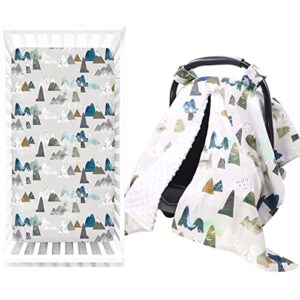 peekaboo opening car seat cover & crib sheet for boys girls, adventure mountain car seat canopy & toddler bed sheets, soft fabric, woodland
