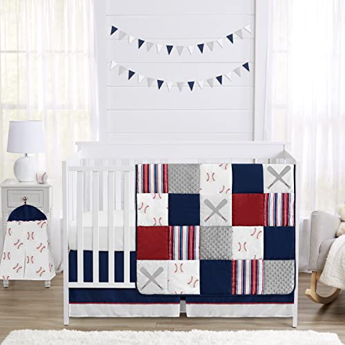 Sweet Jojo Designs Red, White and Blue Baseball Patch Sports Baby Boy Crib Bedding Set - 4 Pieces - Grey Patchwork Stripe