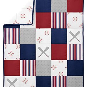 Sweet Jojo Designs Red, White and Blue Baseball Patch Sports Baby Boy Crib Bedding Set - 4 Pieces - Grey Patchwork Stripe