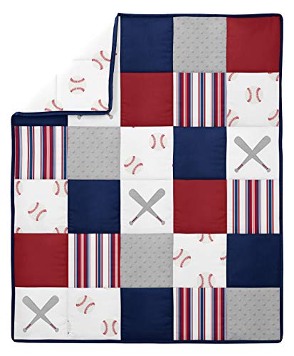 Sweet Jojo Designs Red, White and Blue Baseball Patch Sports Baby Boy Crib Bedding Set - 4 Pieces - Grey Patchwork Stripe