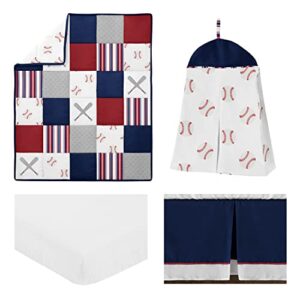 Sweet Jojo Designs Red, White and Blue Baseball Patch Sports Baby Boy Crib Bedding Set - 4 Pieces - Grey Patchwork Stripe