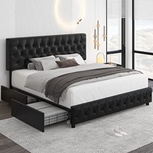 keyluv modern upholstered bed frame with 4 drawers, faux leather platform bed with button tufted headboard, solid wooden slat support, easy assembly, queen size, black
