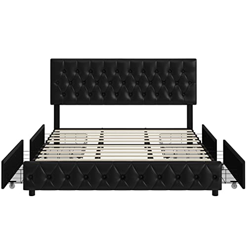 Keyluv Modern Upholstered Bed Frame with 4 Drawers, Faux Leather Platform Bed with Button Tufted Headboard, Solid Wooden Slat Support, Easy Assembly, Queen Size, Black