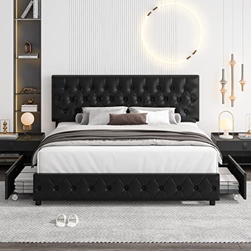 Keyluv Modern Upholstered Bed Frame with 4 Drawers, Faux Leather Platform Bed with Button Tufted Headboard, Solid Wooden Slat Support, Easy Assembly, Queen Size, Black