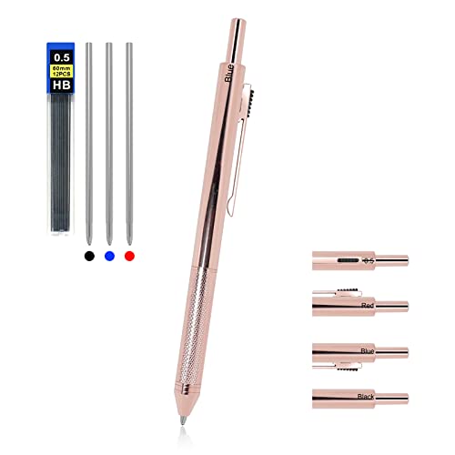 YOUMI Multicolor pen 4 in 1 Multifunction Pen with Metal Cased 0.5mm Mechanical Pencil Red Ballpoint Pen Blue BallpointPen and Black Ballpoint Pen Gift for Journaling (Rose gold)