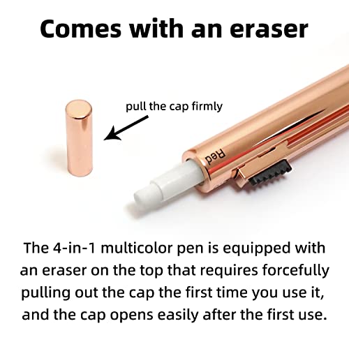 YOUMI Multicolor pen 4 in 1 Multifunction Pen with Metal Cased 0.5mm Mechanical Pencil Red Ballpoint Pen Blue BallpointPen and Black Ballpoint Pen Gift for Journaling (Rose gold)