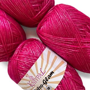 retro-glam metallic glossy sheen yarn, jewel-tone, extra soft & shiny for knitting and crocheting, chainette, bulk size 4 skeins, 1280yds/400g, 3 dk weight/light worsted (rose red)