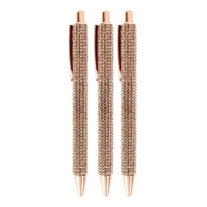 HOCE 3 Pcs Rhinestone Bling Metal Ballpoint Pens 0.7 mm, Black Ink, Gift Pens for Christmas Bridesmaid Wedding Birthday, Rose Gold